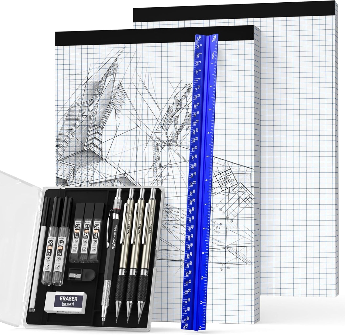 Nicpro 16PCS Drafting Tools with 12‘’ Aluminum Architectural Scale Ruler, Mechanical Pencils 0.5, 0.7, 0.9 & 2mm, Lead Refills, 2 Pack Graph Paper, Geometry Drawing Kit for Engineers Students Design