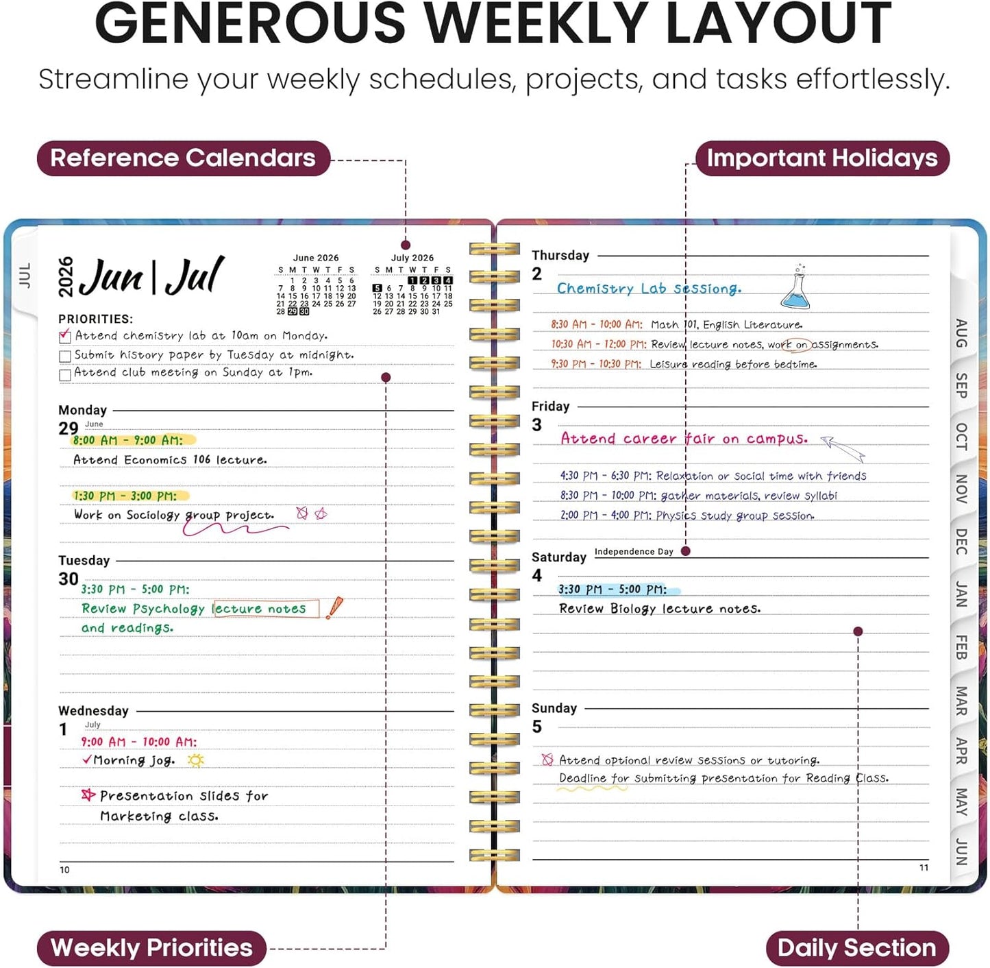 Planner 2026-2027, Academic Year Monthly and Weekly Calendar Planner, Jul 2026 - Jun 2027, Hardcover Teacher Student Planning Agenda book with Tabs, Perfect for School Office Supplies, 6.3" x 8.5" - Wildflowers