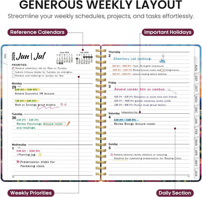 Planner 2026-2027, Academic Year Monthly and Weekly Calendar Planner, Jul 2026 - Jun 2027, Hardcover Teacher Student Planning Agenda book with Tabs, Perfect for School Office Supplies, 6.3" x 8.5" - Wildflowers