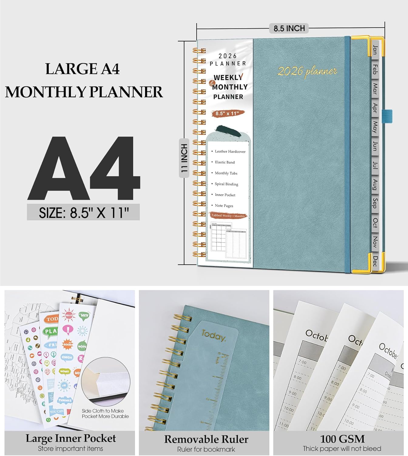2026 Planner, Weekly and Monthly Calendar Planner from January 2026 - December 2026, 8.5" x 11" Hardcover Leather Hourly Appointment Book with Tabs, Spiral Daily Planners for School Work Home, Green