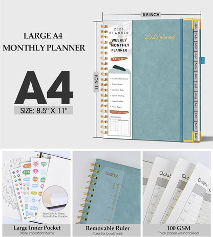 2026 Planner, Weekly and Monthly Calendar Planner from January 2026 - December 2026, 8.5" x 11" Hardcover Leather Hourly Appointment Book with Tabs, Spiral Daily Planners for School Work Home, Green