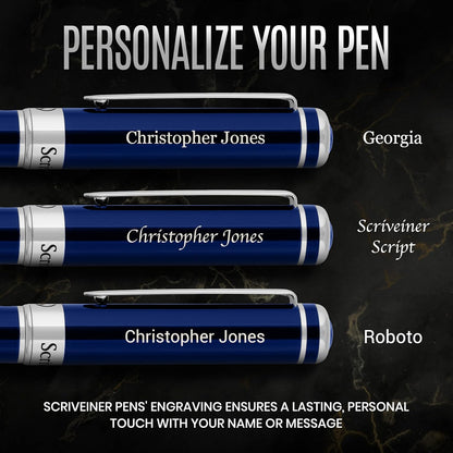 Scriveiner Midnight Blue Rollerball Pen - Stunning Blue Lacquer Luxury Pen, Chrome Finish, Schmidt Ink Refills, Men & Women, Professional, Executive Office, Nice Pen