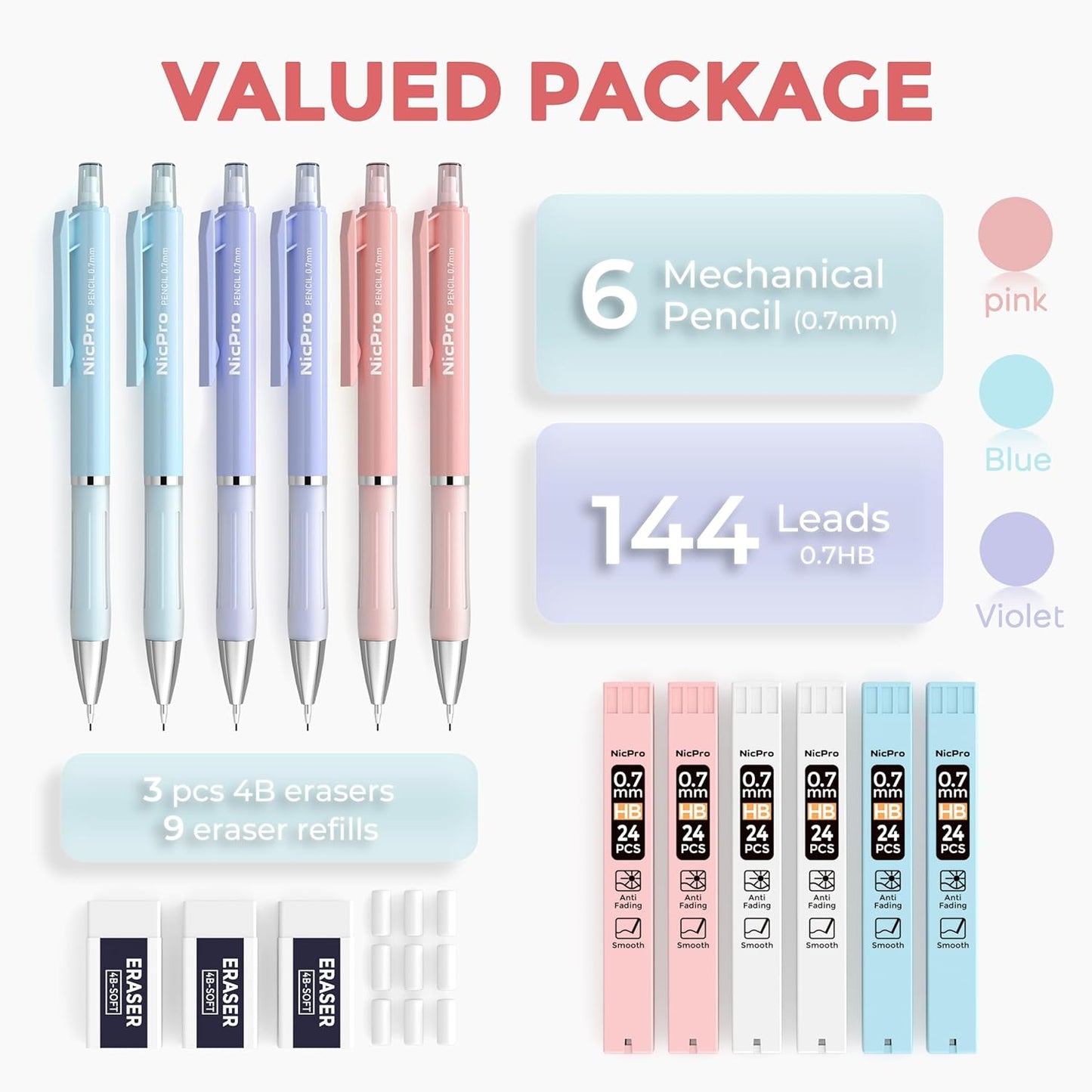 Nicpro 3PCS Cute Mechanical Pencil Set with Case, 0.7 mm Pencils with 6 Tube HB Lead Refill, 3PCS Eraser, 9PCS Eraser Refill for School Supplies Student Writing, Drafting Drawing Sketching