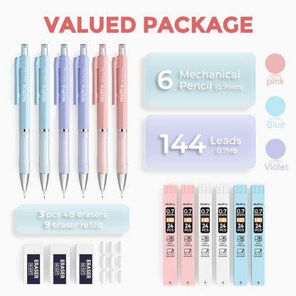 Nicpro 3PCS Cute Mechanical Pencil Set with Case, 0.7 mm Pencils with 6 Tube HB Lead Refill, 3PCS Eraser, 9PCS Eraser Refill for School Supplies Student Writing, Drafting Drawing Sketching