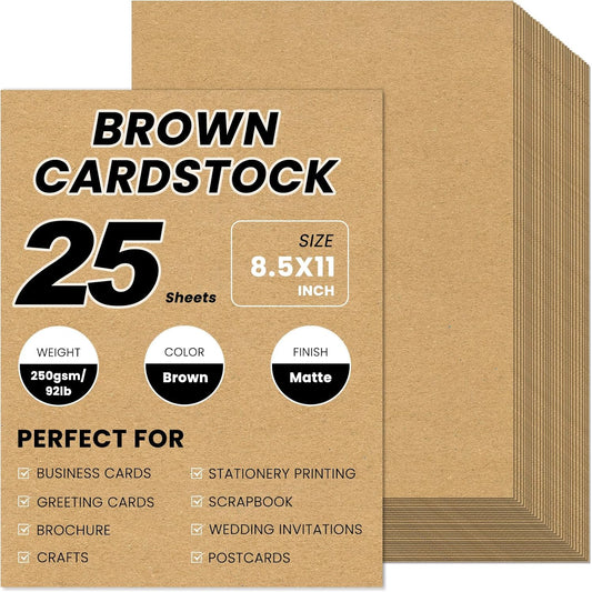 25 Sheets Brown Cardstock 8.5 x 11, 92lb/250gsm Kraft Card Stock Paper, Heavy Cardstock Printer Paper for Invitations, Scrapbooking, Crafts, DIY Cards
