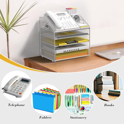 Letter Tray Paper, 4 Tier Desk Organizer with Pen Holder and Handle Mesh File Organizer Paper Sorter Metal Desktop Document Shelf for Office Home Classroom -Black