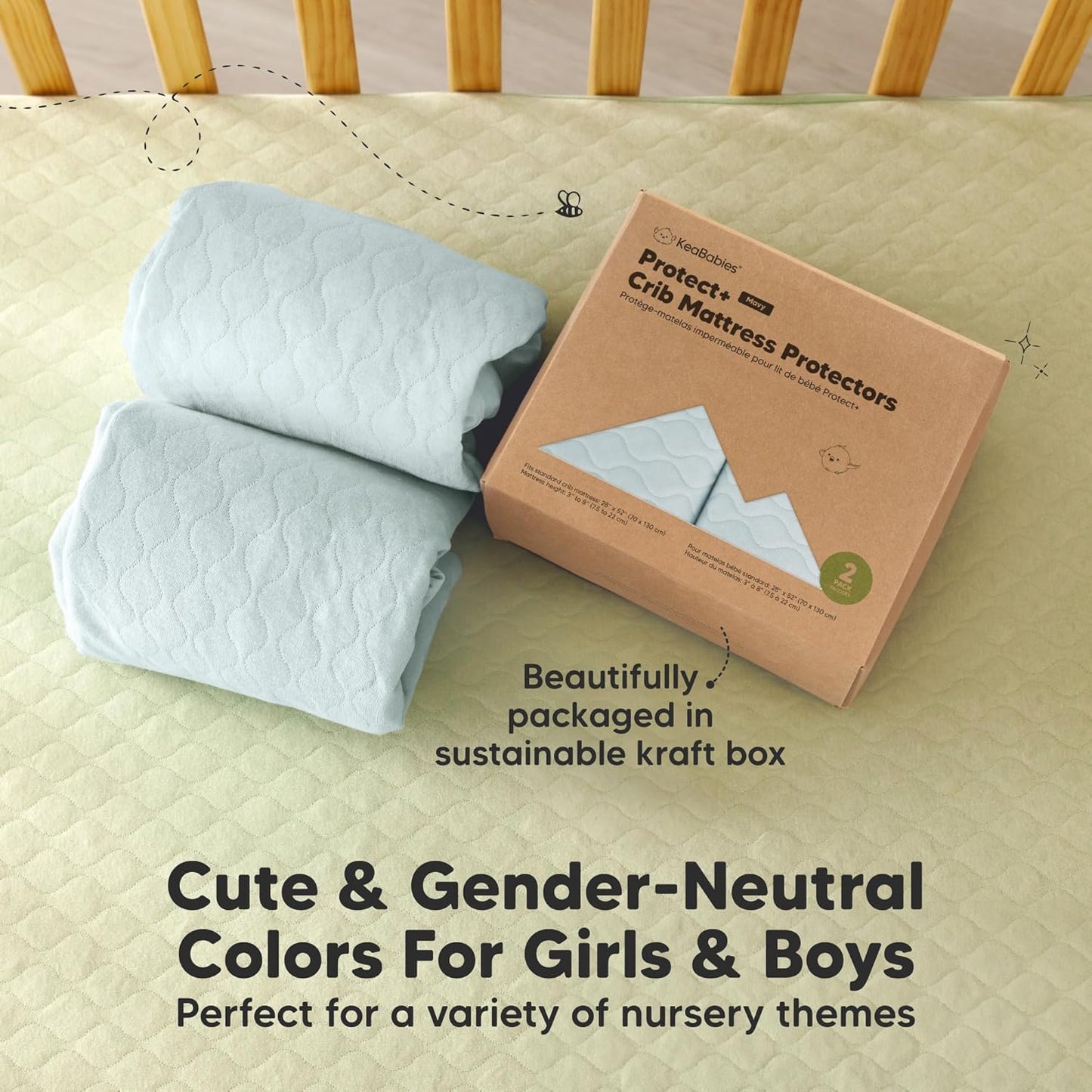 2-Pack Waterproof Crib Mattress Protector Cover Fitted - Quiet Baby Crib Mattress Pad Sheets, 52" x 28" Soft Quilted Cotton Baby Sheet, Machine Washable, Easy Fit, Durable (Soft White/Mavy)