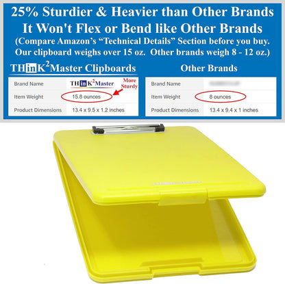 Think2Master Black Plastic Storage Clipboard. | 25% Heavier & 25% Sturdier| Heavy Duty and Won’t Flex or Bend Like Other Brands (Compare The Weight). Storage Compartment Holds 150 Letter Sized Paper.