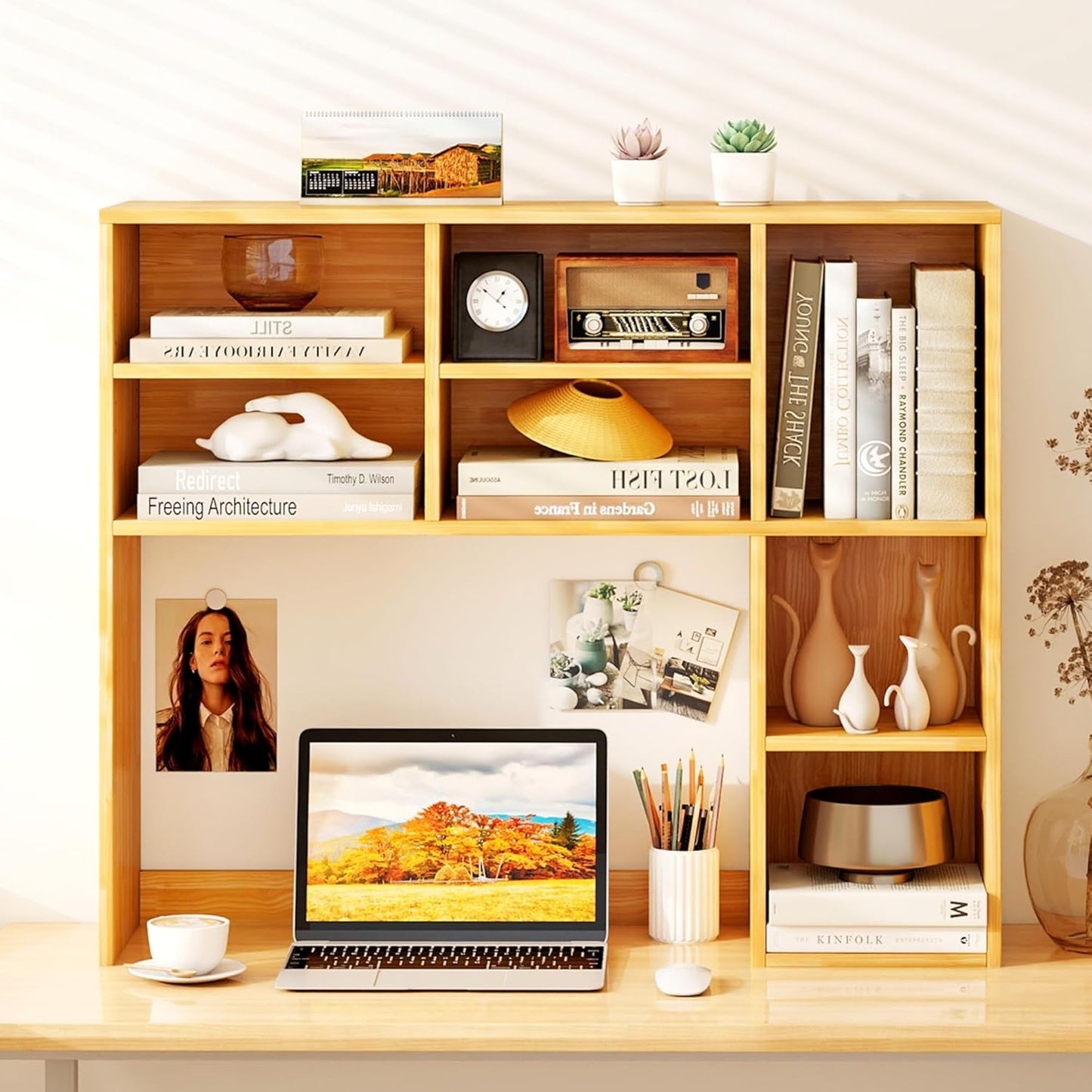 Tangkula Desktop Bookshelf, Countertop Storage Hutch with 5 Shelves for Computer Desk, Desk 3-Tier Display Rack, Multipurpose Wood Desktop Hutch Storage Organizer for Dorm Office Home