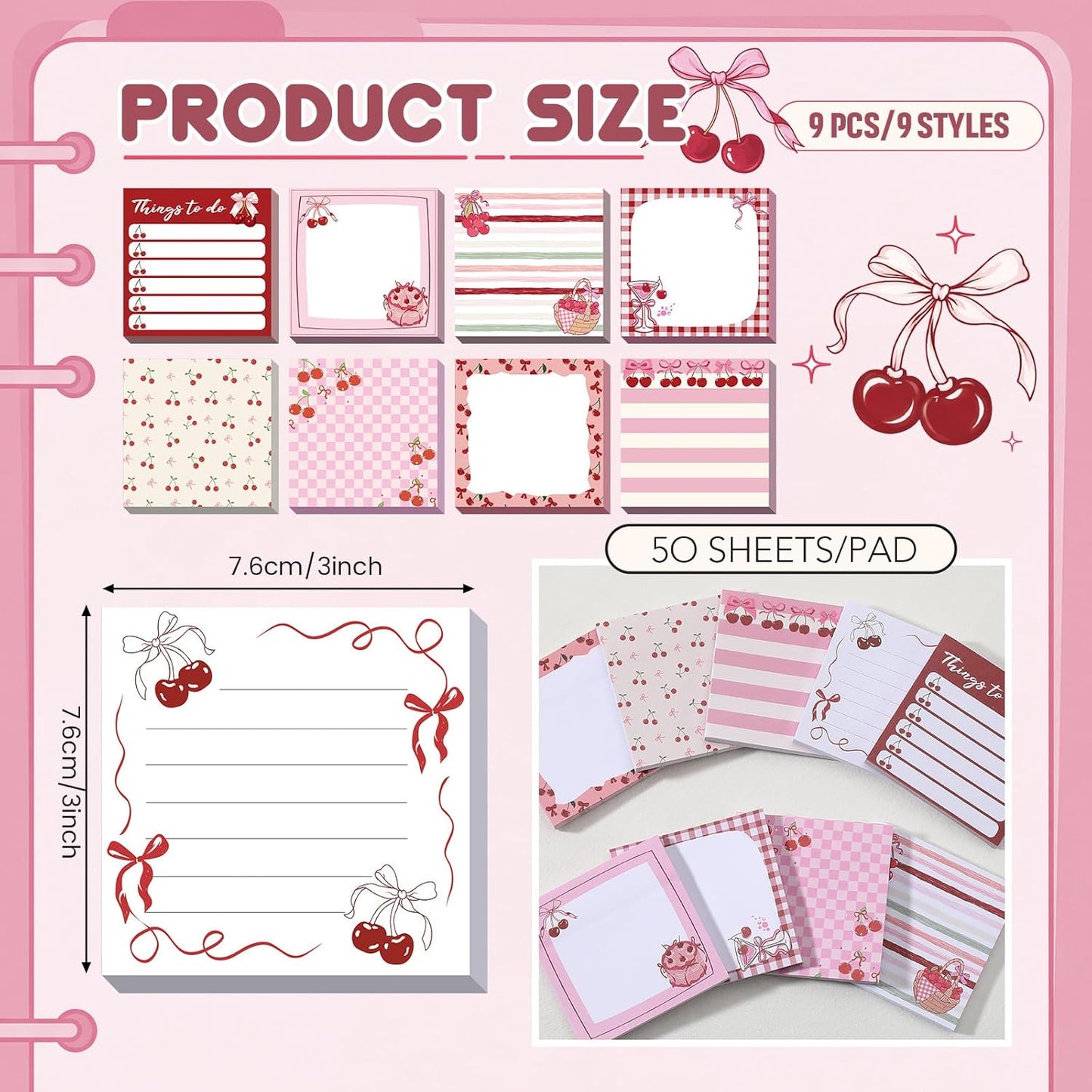 9 Pads Wildflower Sticky Notes 3x3 Inch Cute Self Stick Notepads Notes Adhesive Memo Pad Office Decor Gifts for Students School Teacher Meeting Office Supplies