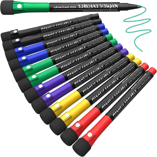 JR.WHITE Dry Erase Markers Fine Tip, White Board Markers Dry Erase with Eraser Cap, Magnetic Dry Erase Markers Black Thin Dry Erase Markers Low Odor for Teachers Office & School Supplies