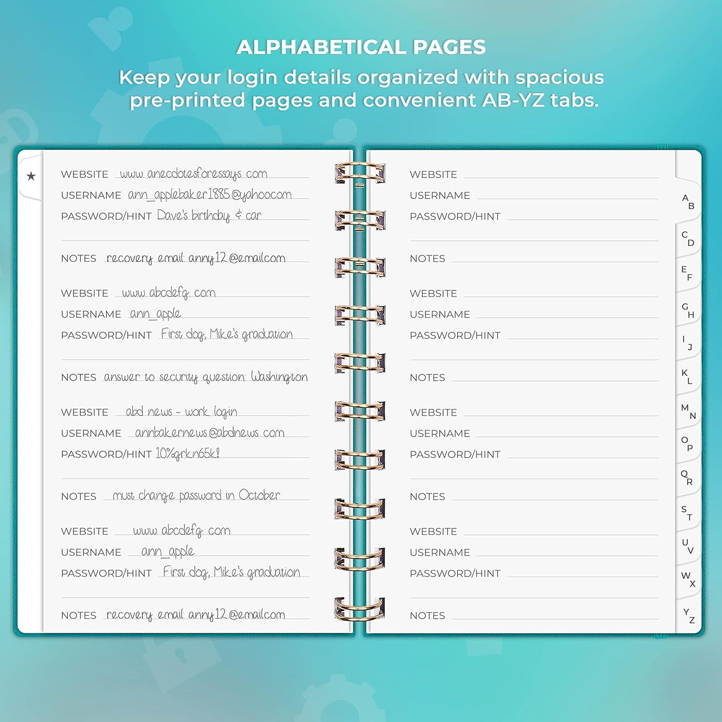 Clever Fox Password Book Spiral – Internet Address & Password Organizer with Laminated Alphabetical Tabs – Password Keeper Journal – Hardcover, Medium Size, 6.1x7.7” (Mystic Blue)