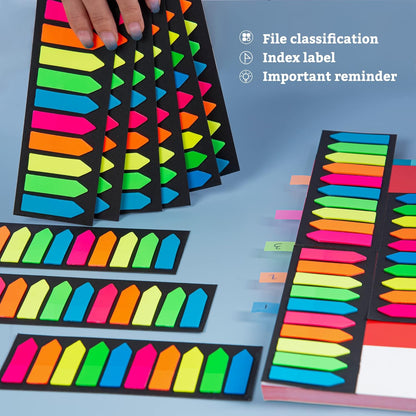 Golcellia Fluorescent Translucent Sticky Note Flags, 1200 Pcs Total, Pack of 10 Color Tabs, Arrow Index Tabs, Page Flag Markers