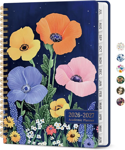 Planner 2026-2027, Academic Year Monthly and Weekly Calendar Planner, Jul 2026 - Jun 2027, Hardcover Teacher Student Planning Agenda book with Tabs, Perfect for School Office Supplies, 6.3" x 8.5" - Wildflowers