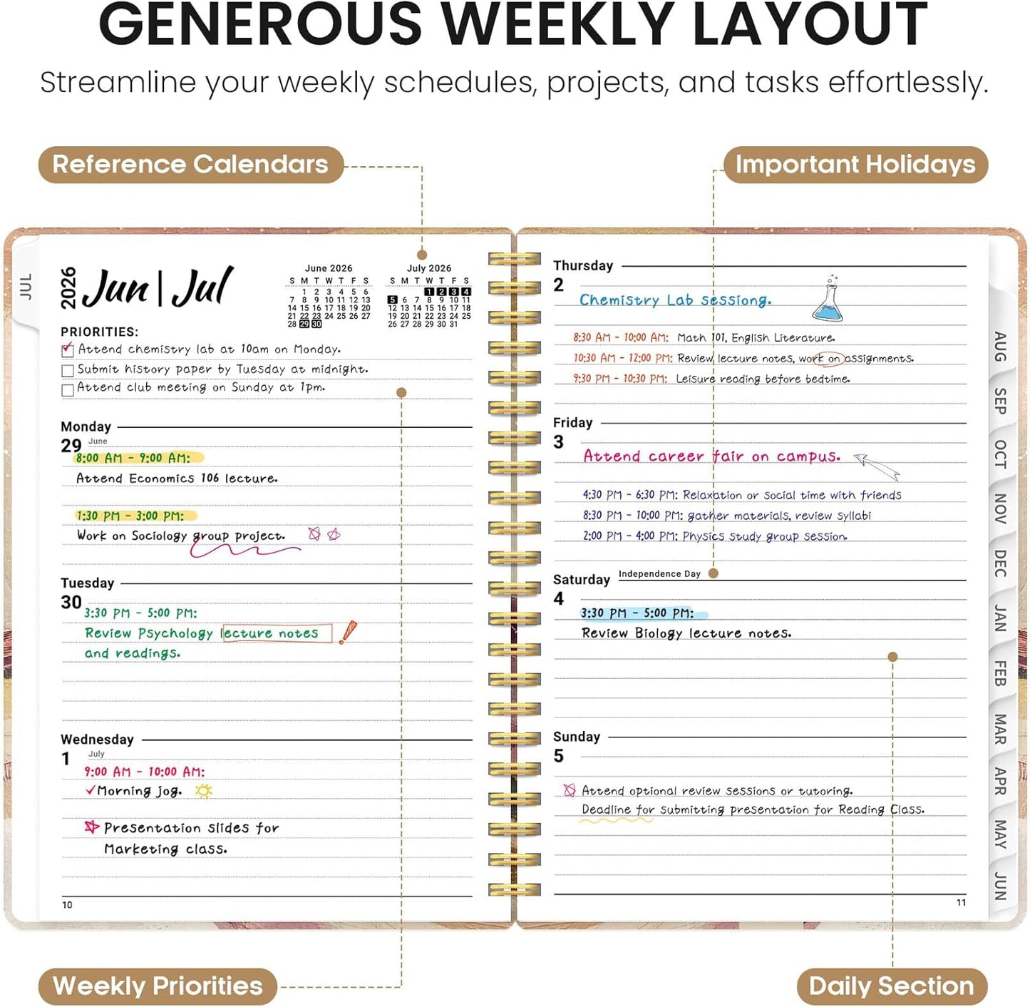 Planner 2026-2027, Academic Year Monthly and Weekly Calendar Planner, Jul 2026 - Jun 2027, Hardcover Teacher Student Planning Agenda book with Tabs, Perfect for School Office Supplies, 6.3" x 8.5" - Wildflowers