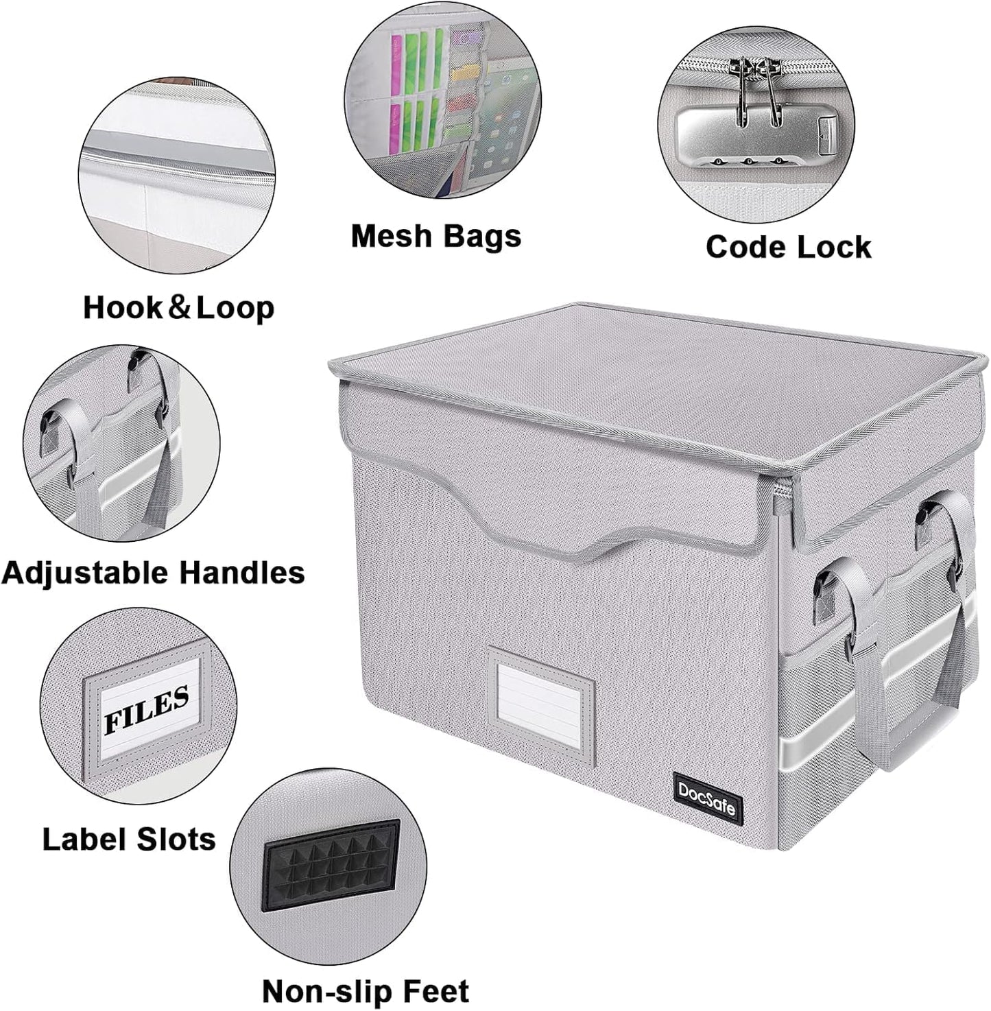 DocSafe Fireproof Document Box with Lock, File Storage Organizer with Mesh Pockets, Collapsible Portable File Box Home Office Safe Filing Cabinet with Handle for Hanging Letter/Legal Folder, Black