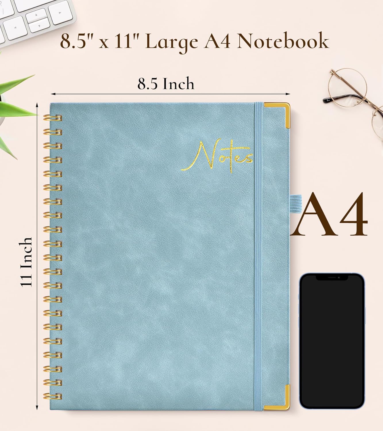 Hardcover Spiral Notebook Journal 8.5” x 11”, A4 Large Leather Notebooks for Women Men, Lined College Ruled Notebook, 50 Sheets/100 Pages, Spiral Bound Journals for Work School Note Taking, Green