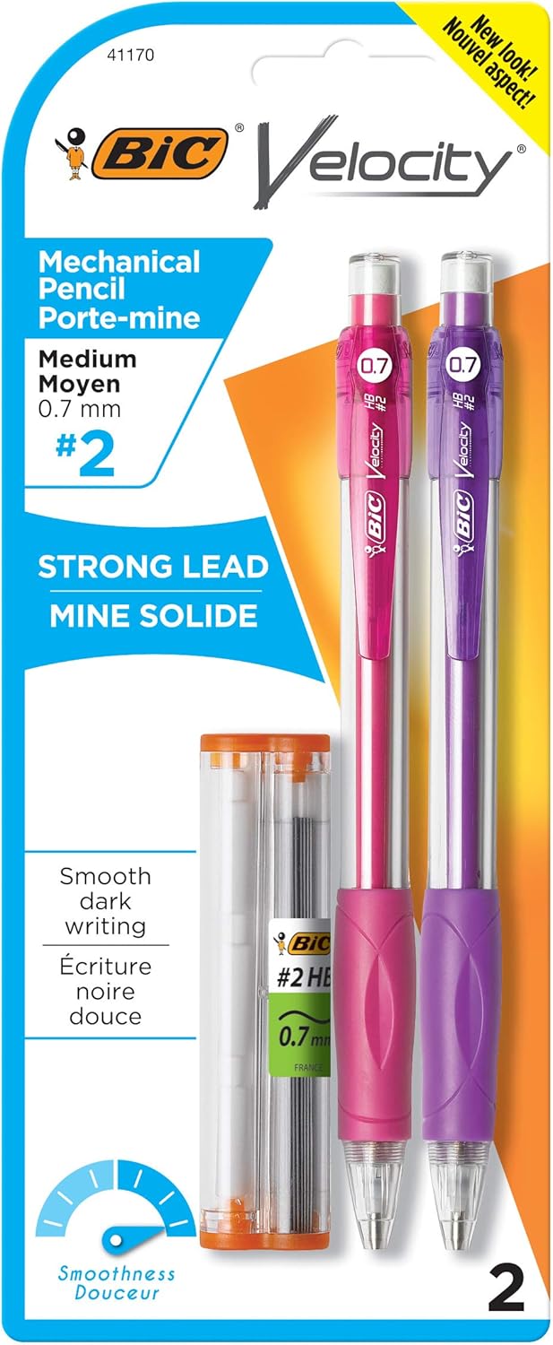 BIC Velocity Mechanical Pencils, With Colorful Barrel, Medium Point (0.7mm), 4-Count Pack Mechanical Pencils With Eraser and Lead Refills
