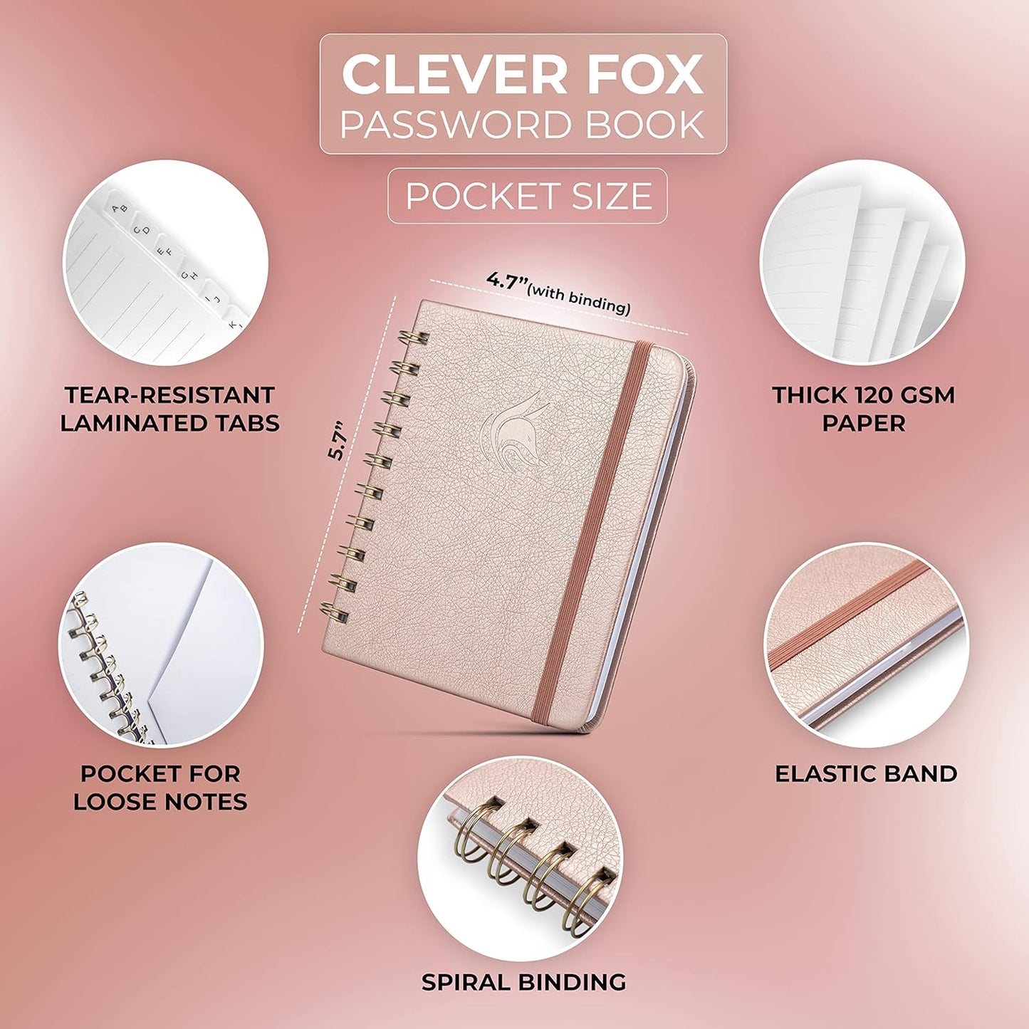 Clever Fox Password Book Spiral – Internet Address & Password Organizer with Laminated Alphabetical Tabs – Password Keeper Journal – Hardcover, Medium Size, 6.1x7.7” (Mystic Blue)