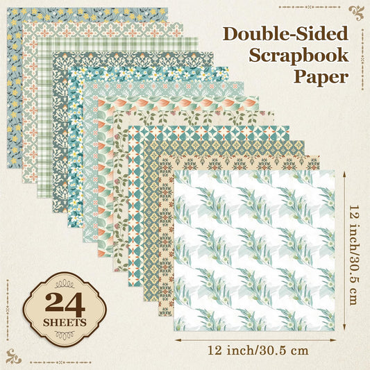 HAUTOCO 24 Sheets Scrapbook Paper 12 x 12 Double-Sided Scrapbooking Cardstock Vintage Floral Pattern Decorative Paper for Card Making, Junk Journal, DIY Crafts, Photo Album, Decoupage, Art Journaling