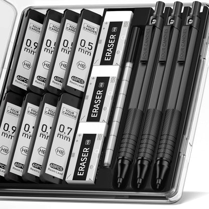 Four Candies Mechanical Graphite Pencil Set, 3pcs Black Metal Pencils with Anti-Skid Grip, Ideal for Artists, Professionals, Teachers and Students
