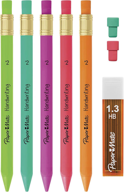Paper Mate Handwriting Triangular Mechanical Pencil Set with Lead & Eraser Refills, 1.3mm, Fun Barrel Colors, 8 Count (2017484)