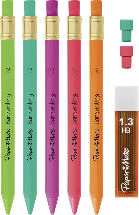 Paper Mate Handwriting Triangular Mechanical Pencil Set with Lead & Eraser Refills, 1.3mm, Fun Barrel Colors, 8 Count (2017484)