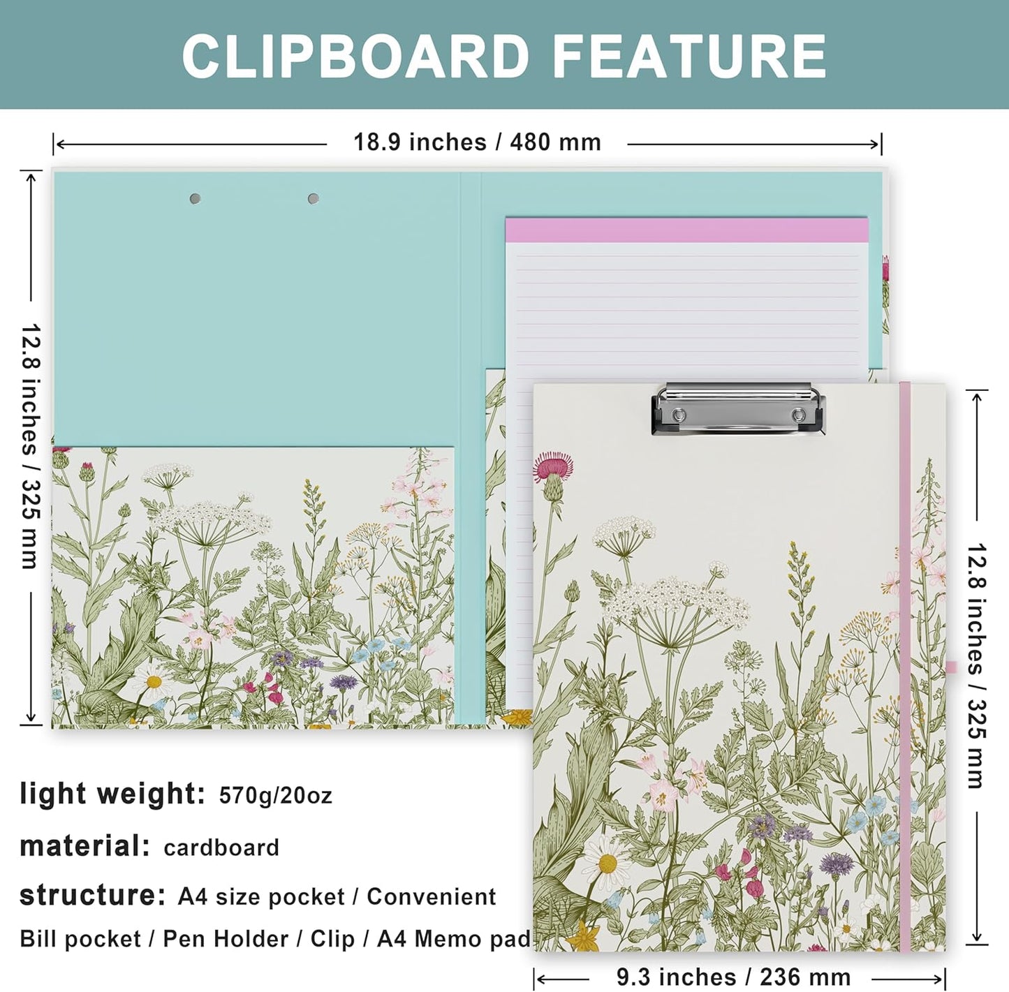 Clipboard Folio with Refillable Lined Notepad, Low Profile Clip and Interior Storage Pocket, Cute Clipboard Folder Design for Students, Office, School, Nurse (Garden Flowers+Stay Positive)