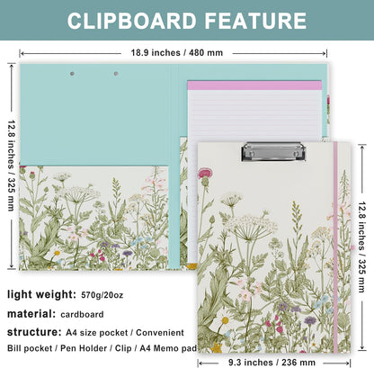 Clipboard Folio with Refillable Lined Notepad, Low Profile Clip and Interior Storage Pocket, Cute Clipboard Folder Design for Students, Office, School, Nurse (Garden Flowers+Stay Positive)
