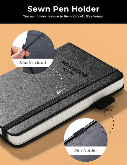 AISBUGUR Pocket Notebook Small Notebook 2-Pack, 3.7" x 5.7" Pocket Notebooks Hardcover with Thick Lined Paper, Inner Pockets, Cover Letter Embossing Design Mini Journal Notepad Black+Brown