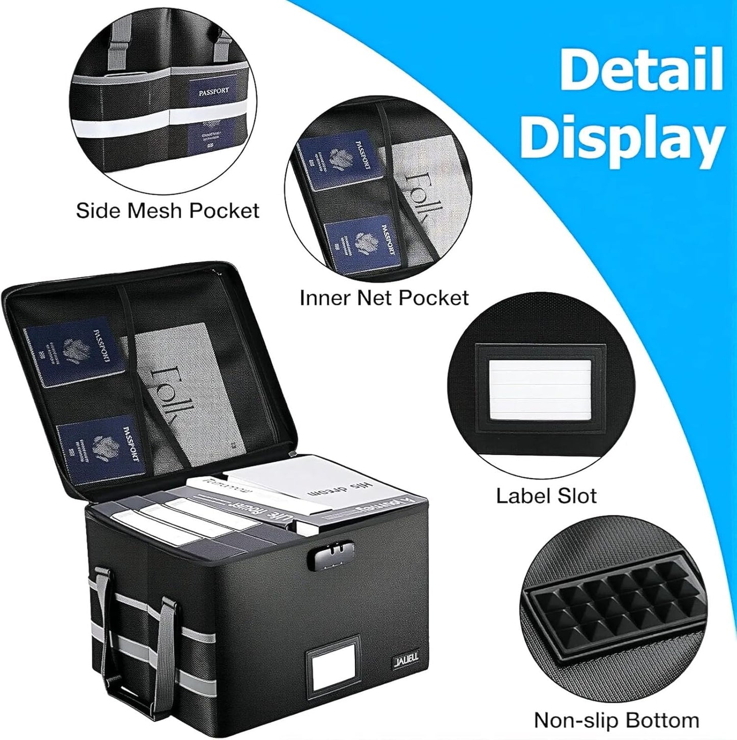File Box with Lock, Fireproof Document File Organizer Box with Zipper & Adjustable Handle, Collapsible File Storage Box Home Office Safe Filing Cabinet for Hanging Letter/Legal Folder