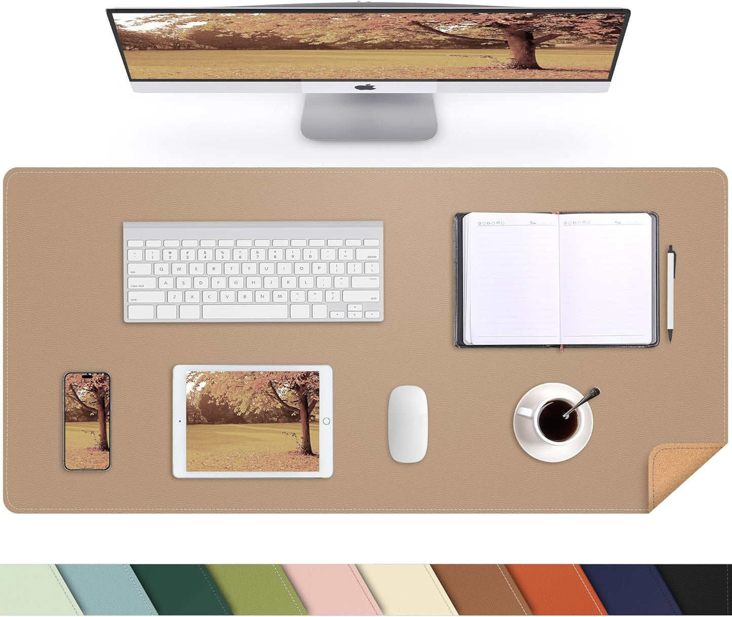 Large Desk Mat 47.2" x 17" Leather Desk Pad Protector with Natural Cork & PU Leather, Non-Slip Office Desk Mat, Large Mouse Pad, Waterproof Desk Blotter pad for Office&Home(Black)