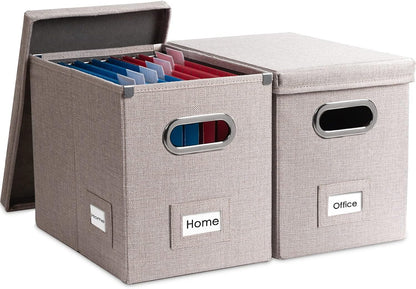 PRANDOM File Organizer Box - Collapsible Decorative Linen Filing Storage with Lids for Letter Size - Grey (14x9.3x10.8 inch)