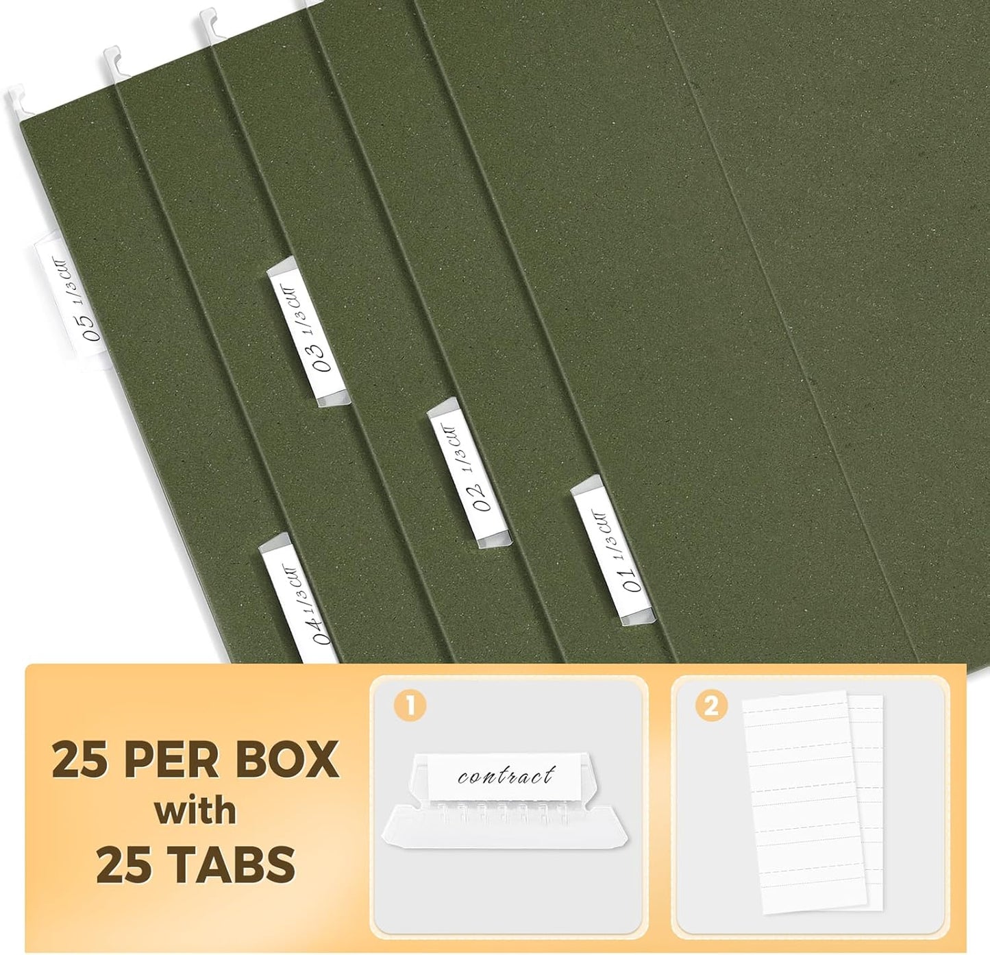 SUNEE Hanging File Folders, 25 Pack Reinforced Hang Folders Letter Size, Adjustable 1/5-Cut Tabs, Designed for Bulky Files, Filing Cabinet, Standard Green