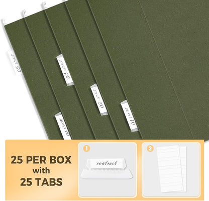 SUNEE Hanging File Folders, 25 Pack Reinforced Hang Folders Letter Size, Adjustable 1/5-Cut Tabs, Designed for Bulky Files, Filing Cabinet, Standard Green