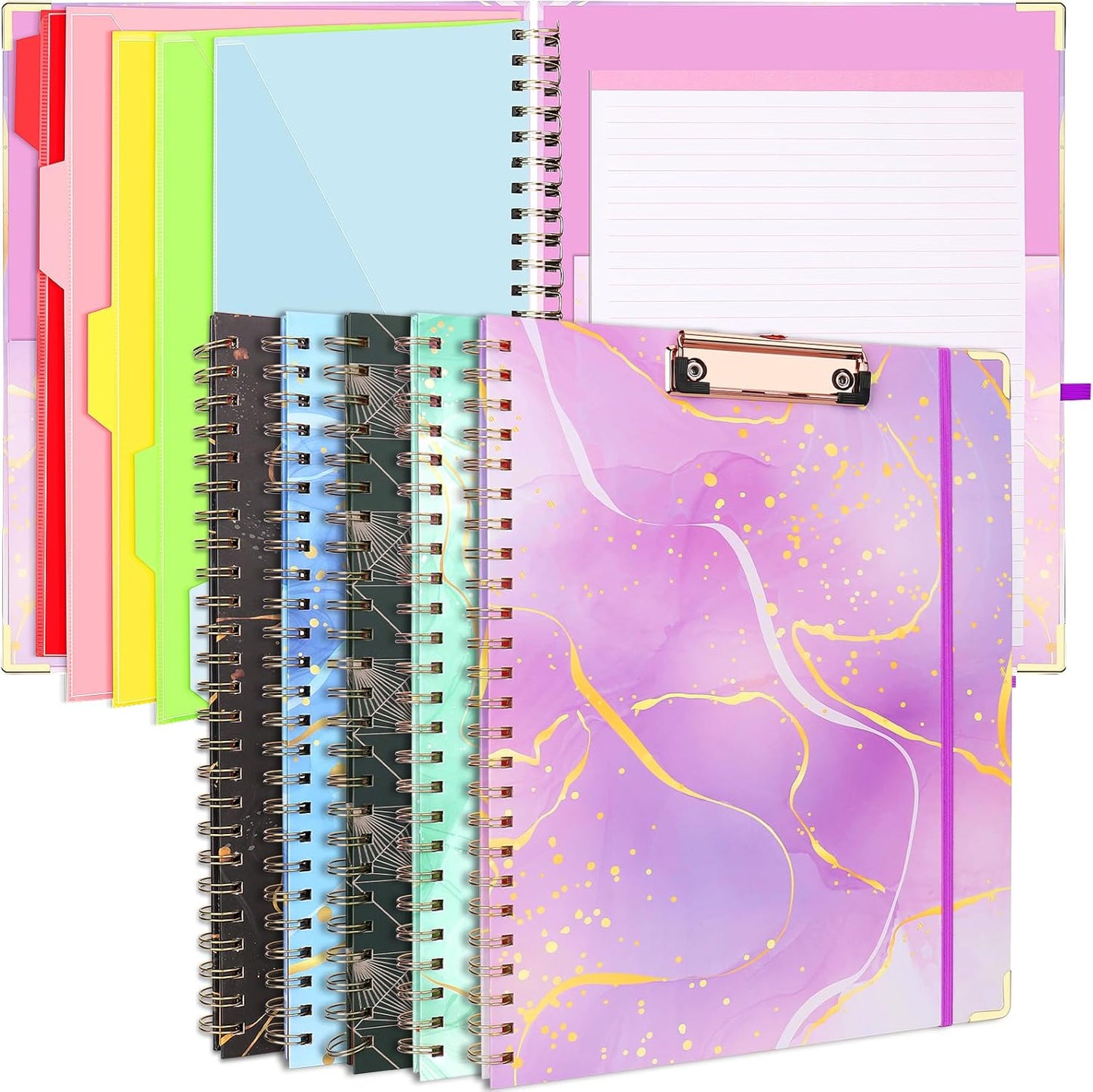 Foldable Spiral Clipboard Folio with Refillable Lined Notepad,5 Plastic Folders with 10 Pockets,Storage Clipboard Folder with Labels,Clipboards with Storage for Office Planner Clip Board-Pale Blue