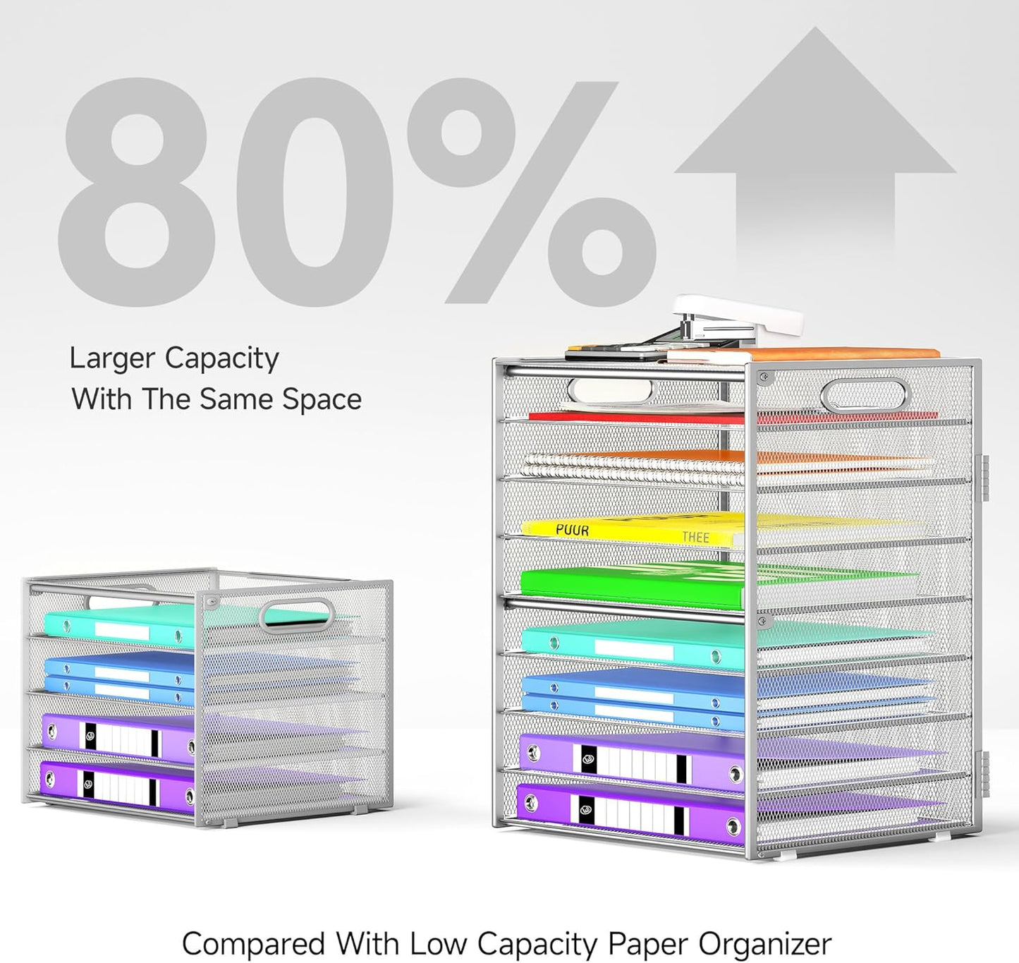 Cawukege 9 Tier Paper Organizer with Handle, Black Large Capacity Desk Organizer Mesh File Folder Letter Paper Tray Desktop Document Sorter for Classroom, School, and Office Accessories Organization