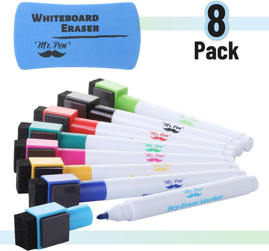 Mr. Pen- Magnetic Dry Erase Markers, 8 Pack with Whiteboard Eraser, Colorful, Fine Tip Markers with Built-In Magnet & Eraser, Low Odor, Quick Dry, for Whiteboards, Office, School & Home