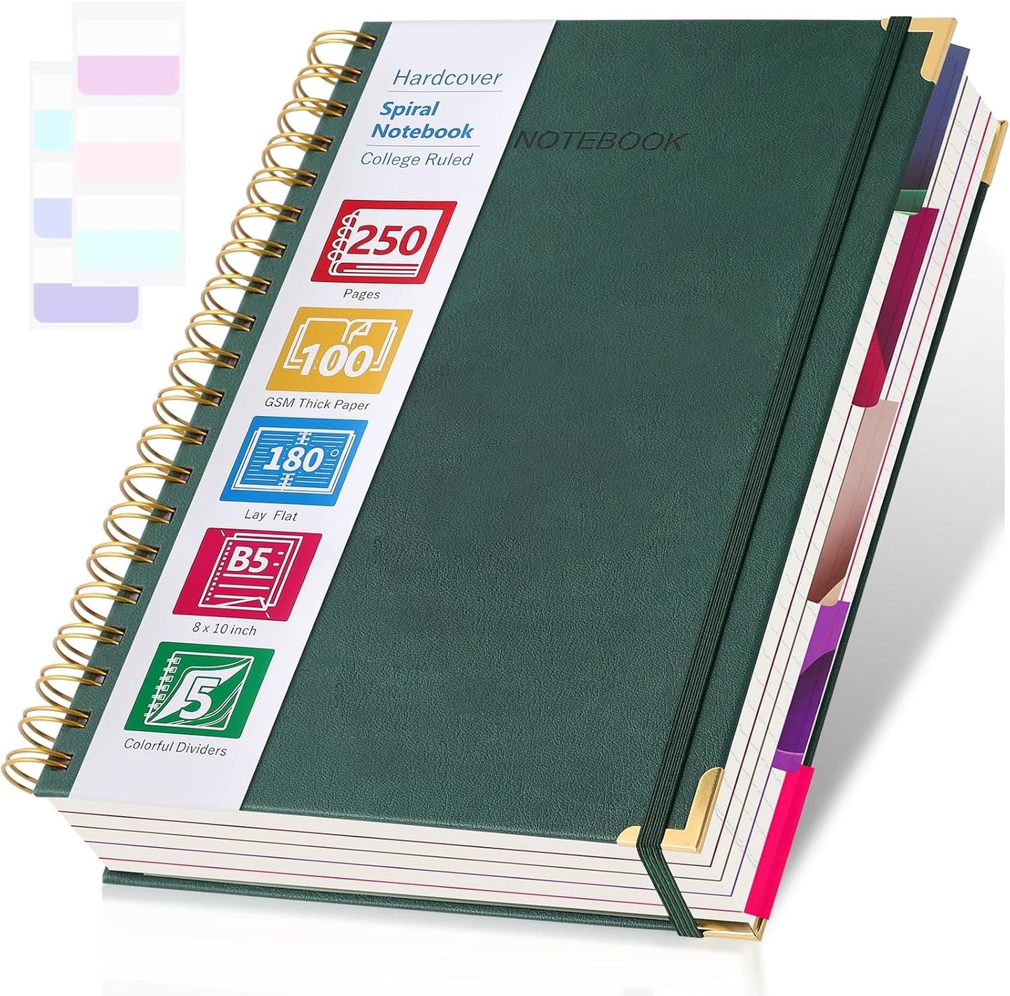College Ruled Notebook, Spiral Notebook, Leather Hardcover Notebook Journal for Women Men, 5 Subject Notebook with Dividers, Journaling Notebooks for Work School, B5 Lined Notebook, 8" x 10", Teal