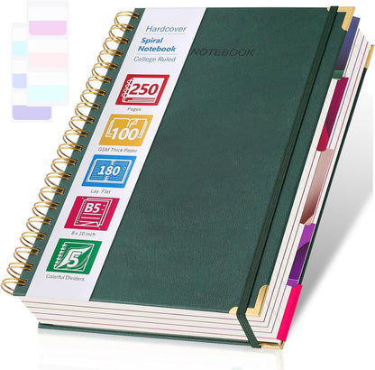 College Ruled Notebook, Spiral Notebook, Leather Hardcover Notebook Journal for Women Men, 5 Subject Notebook with Dividers, Journaling Notebooks for Work School, B5 Lined Notebook, 8" x 10", Teal