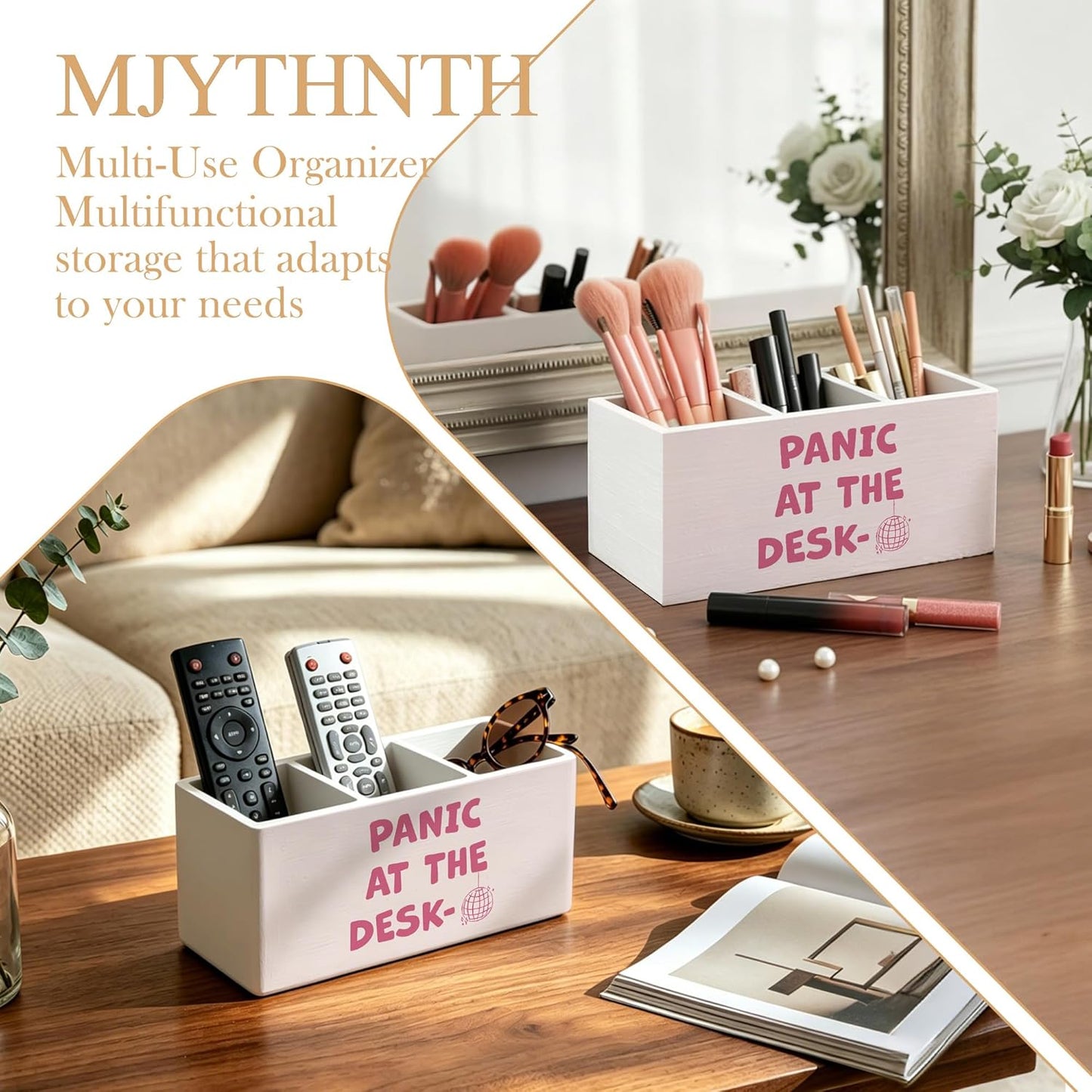Don't Overthink It Inspirational Pencil Pen Holder for Desk, Pink Positive Affirmations Wooden Box Sign Pen Holder Organizer for Home Office School Desk Accessories