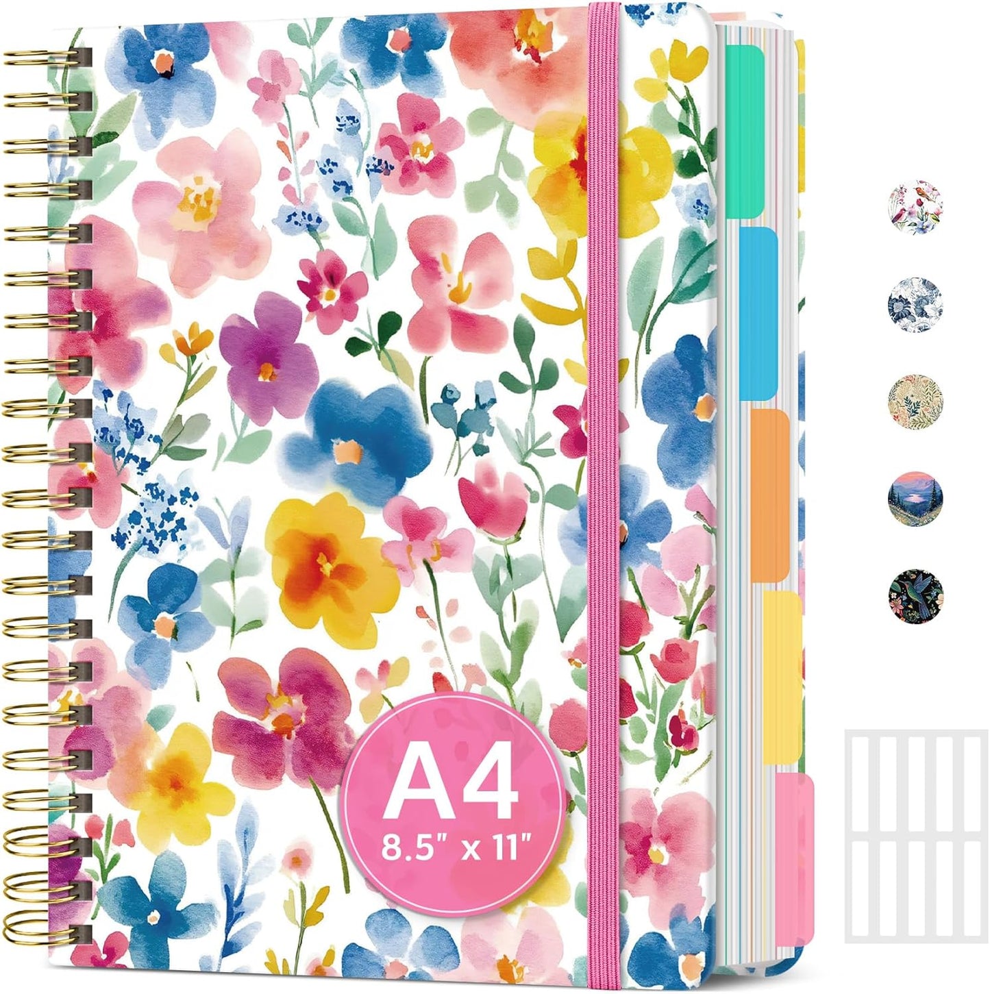 Large Lined Spiral Journal for Women Cute Hardcover 5 Subject Notebook for Work 8.5" x 11" with Removable Dividers & Tabs, College Ruled, 280 Pages Aesthetic Journal for Work, School & Note Taking, Garden of Whimsy