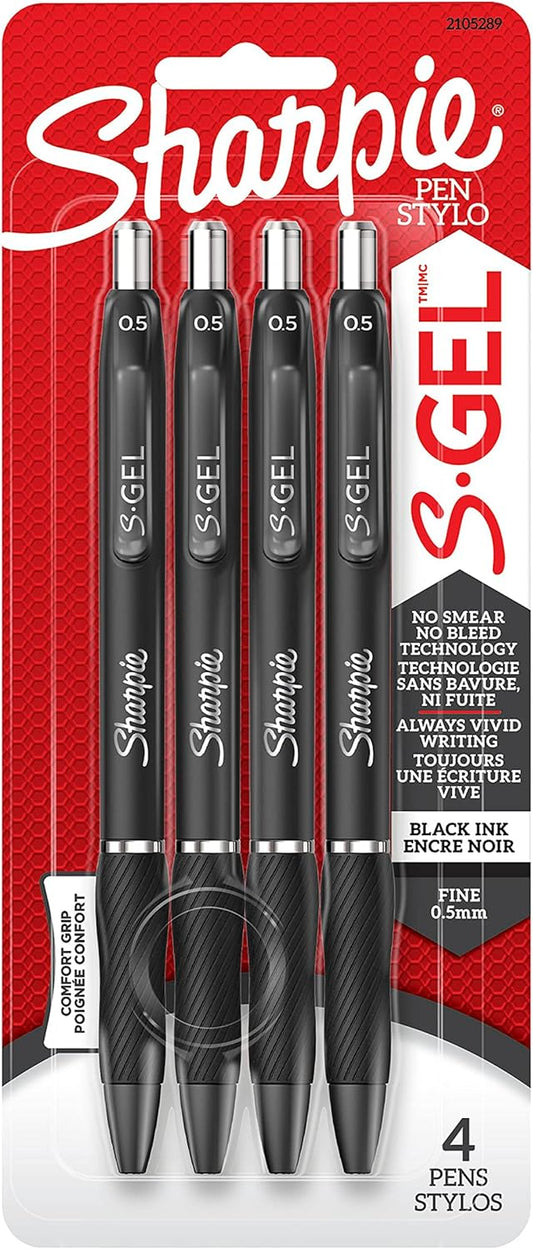 Sharpie S-Gel, Gel Pens, Fine Point (0.5mm), Black Ink Gel Pen, 4 Count