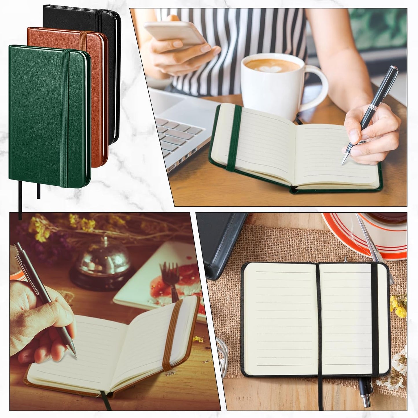 Qeeenar 10 Pcs Mini Black Brown Blue Leather Pocket Notebook Bulk, 4 x 2.5 Inch Small Journal Note Book, 50 Sheets Hardcover Tiny Notepad Lined for Office Home School Writing Supplies