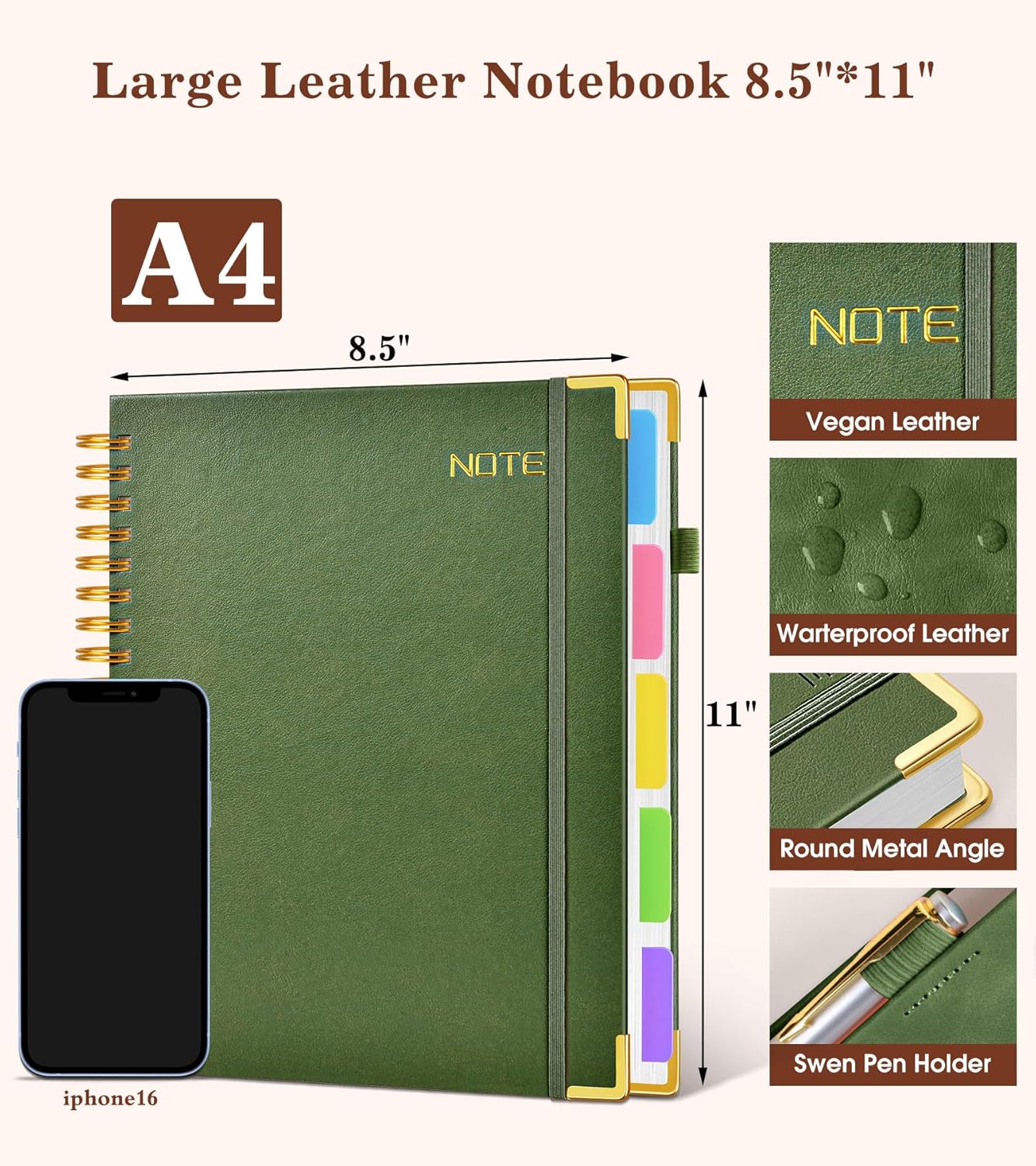 Hardcover Large Spiral Notebook 8.5" x 11" with Removable Dividers Tabs, 300 pages Leather 5 Subject Notebook College Ruled, A4 Journal for Women Men, Notebooks for Work School Note taking,Black