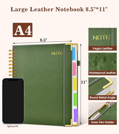 Hardcover Large Spiral Notebook 8.5" x 11" with Removable Dividers Tabs, 300 pages Leather 5 Subject Notebook College Ruled, A4 Journal for Women Men, Notebooks for Work School Note taking,Black