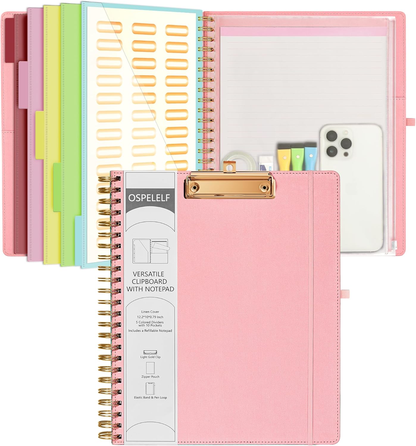 Ospelelf Foldable Spiral Clipboard Folio with Storage Zipper Pouch, 5 Plastic Folders with 10 Pockets,Refillable Lined Notepad (11" x 8.5"), Hardcover Project Organizer with 39 Stickers (Purple)