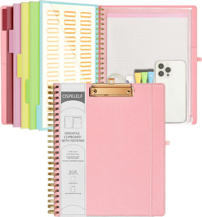Ospelelf Foldable Spiral Clipboard Folio with Storage Zipper Pouch, 5 Plastic Folders with 10 Pockets,Refillable Lined Notepad (11" x 8.5"), Hardcover Project Organizer with 39 Stickers (Purple)