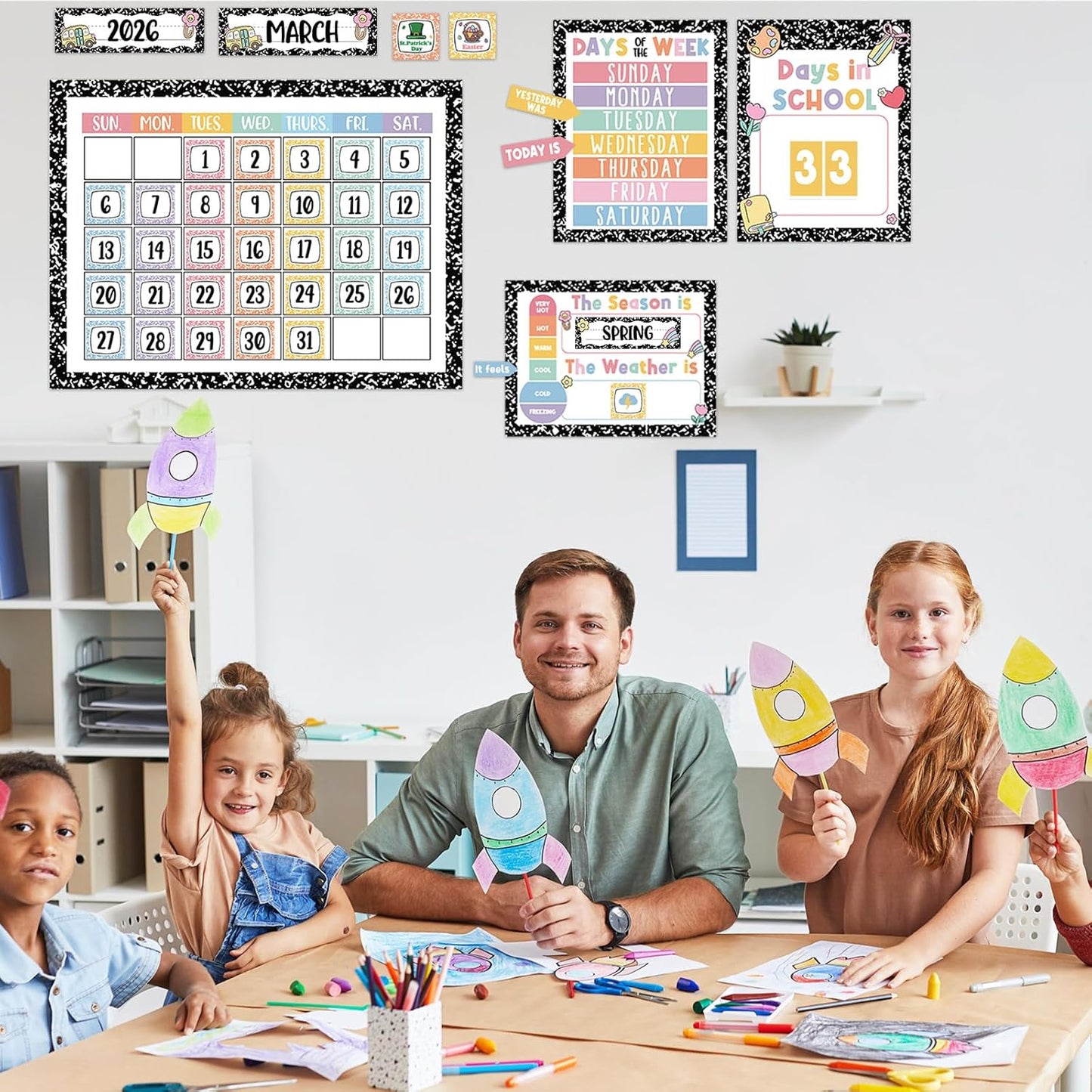 Whaline Composition Notebook Calender Bulletin Board Decorations Composition Classroom Calender Set with Chart Cutouts for Back to School Party Supplies