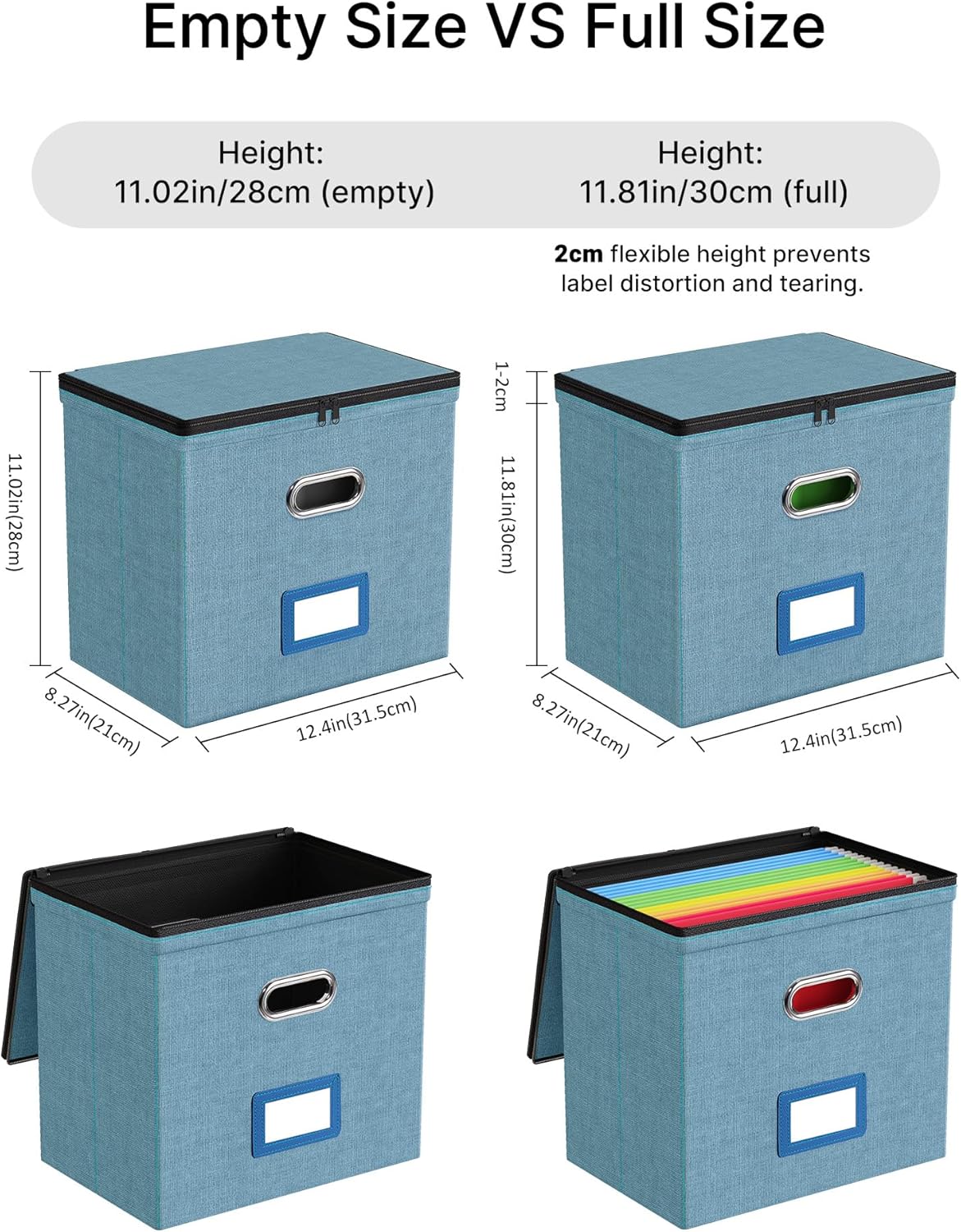 Oterri 2 Pack File Organizer Boxes with Lids, File Box with Mesh Pockets, Document Organizer Box for File Folders Letter Size, Zippers Filing Box for Home, Office, School (Green, Without Folders)